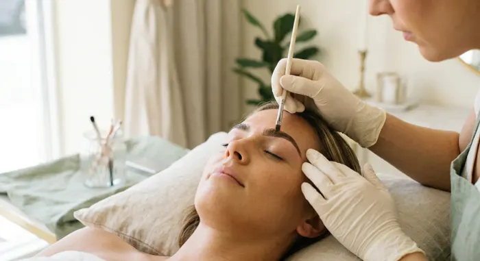 Therapist shaping and tinting a client's eyebrows