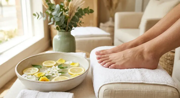 Pedicured feet with pale pink polish beside a lemon water soak