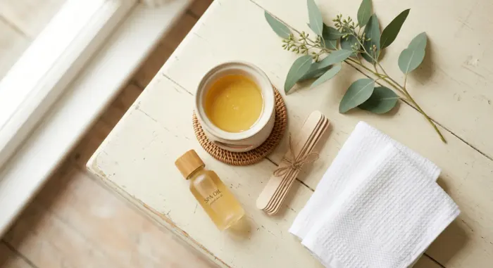Warm wax, spatulas and fresh towels ready for a waxing treatment